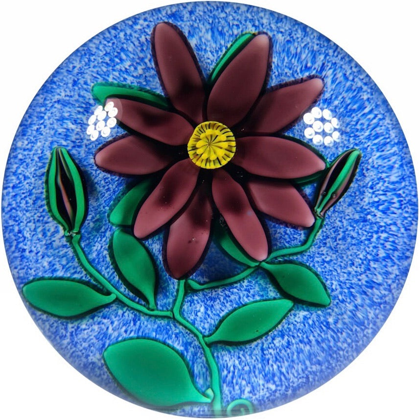 Signed Charles Kaziun III Art Glass Paperweight Lampwork Flower on Blue Jasper Ground