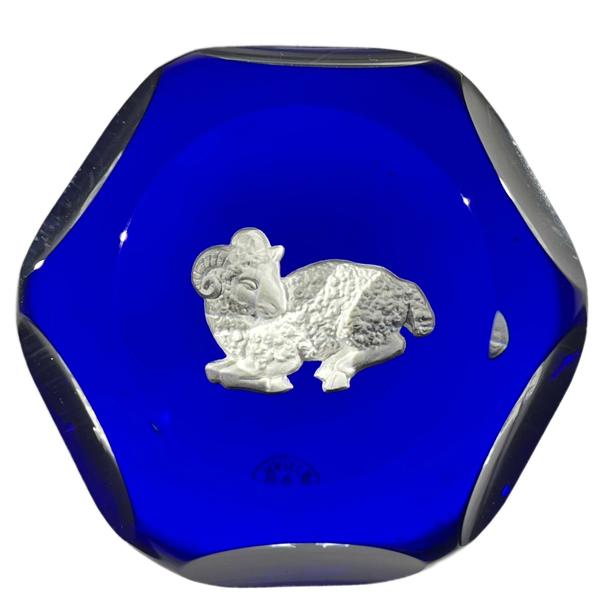 Vintage Faceted Baccarat Crystal Aries Sulphide on Transparent Blue