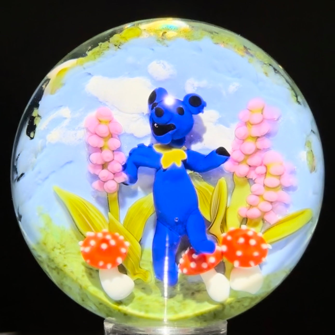 Clinton Smith 2023 Glass Art Marble Double Sided Flamework Blue Dancing Bear & Field Mouse