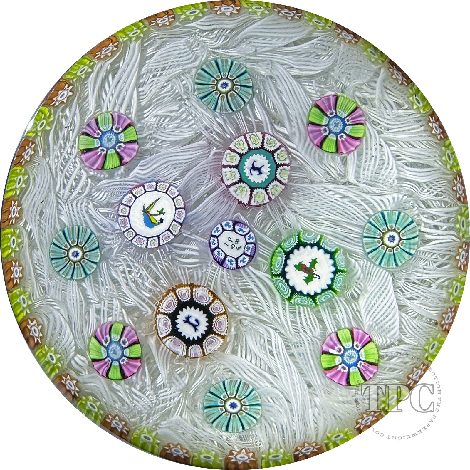 Perthshire 1983 Glass Art Paperweight Spaced Complex Millefiori on Upset White Muslin Lace PP11