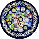 John Deacons Glass Art Paperweight Closepack Complex Millefiori with Silhouettes and Torsade on Blue