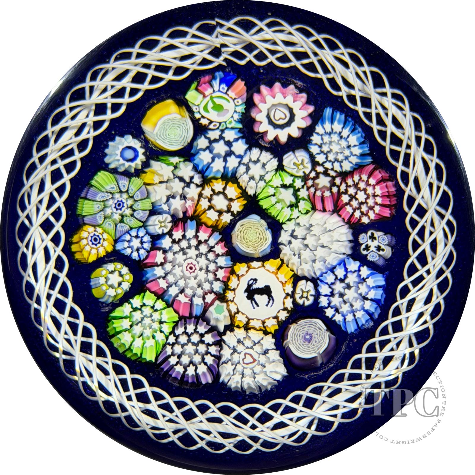 John Deacons Glass Art Paperweight Closepack Complex Millefiori with Silhouettes and Torsade on Blue