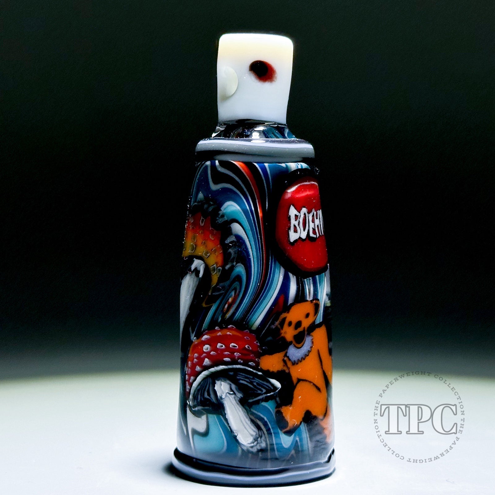 Stephen Boehme 2023 Glass Art Dancing Bear & Mushroom Pendent Murrine Spray Can with Colorful Wig-Wag