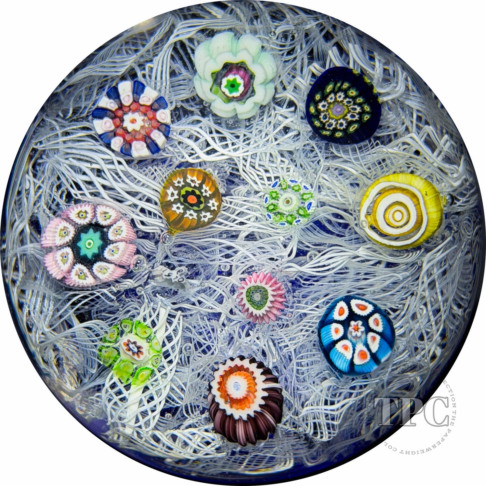 Perthshire 1970 Glass Art Paperweight Spaced Complex Millefiori on Upset White Muslin Blue-Cushioned Ground PP13