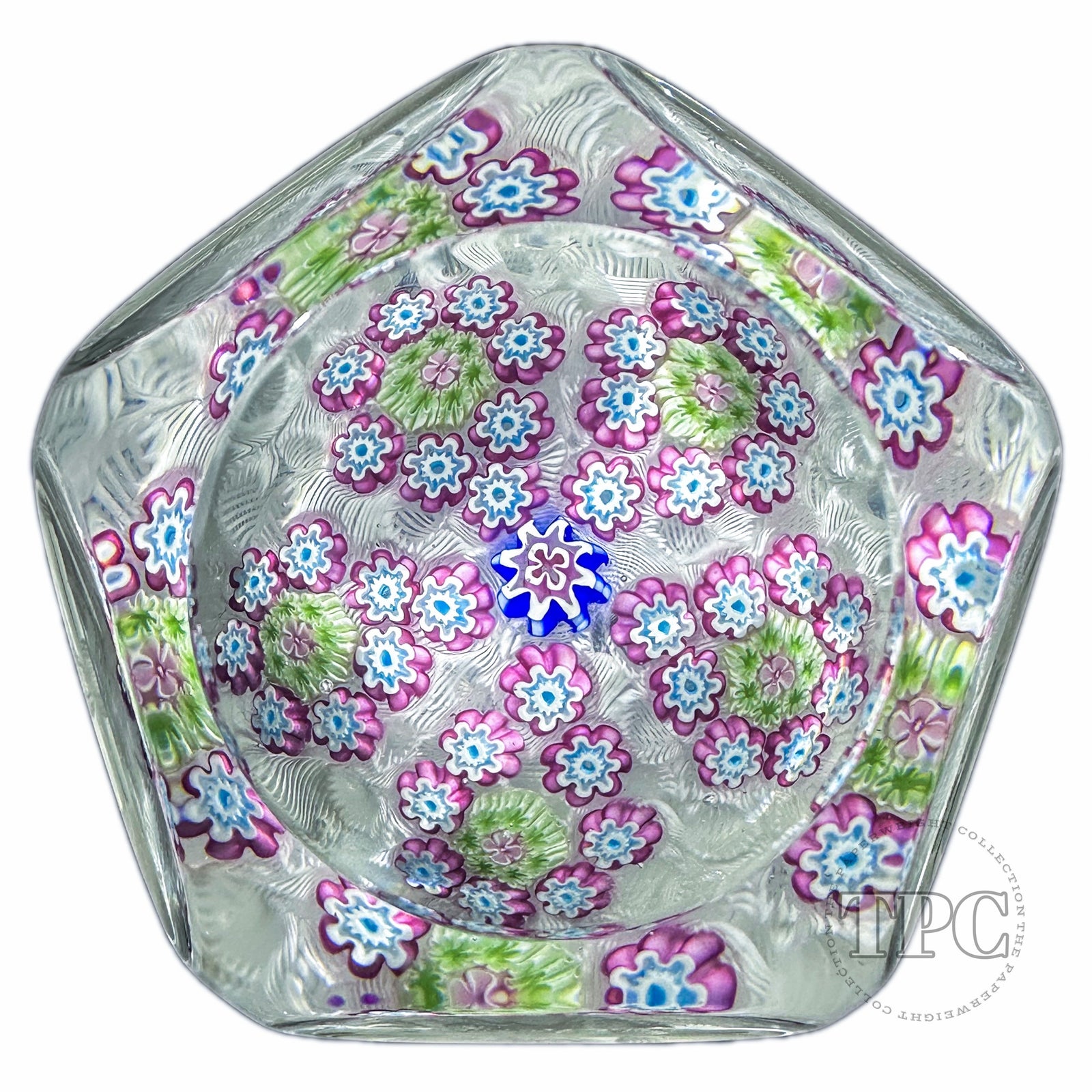 Damon MacNaught 2024 Faceted Glass Art Paperweight Patterned Millefiori on Upset White Muslin Lace Ground