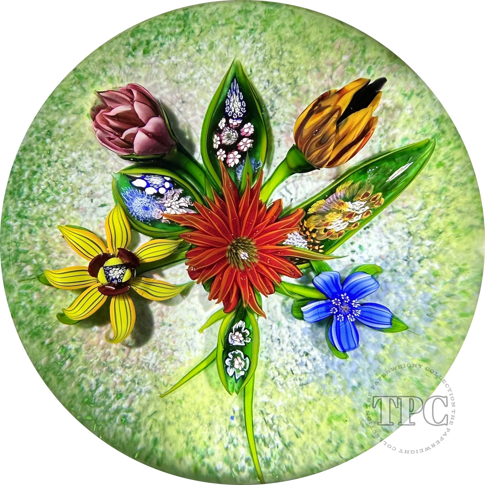 Debbie Tarsitano Glass Art Paperweight Flamework Fantasy Flower bouquet with Complex Millefiori