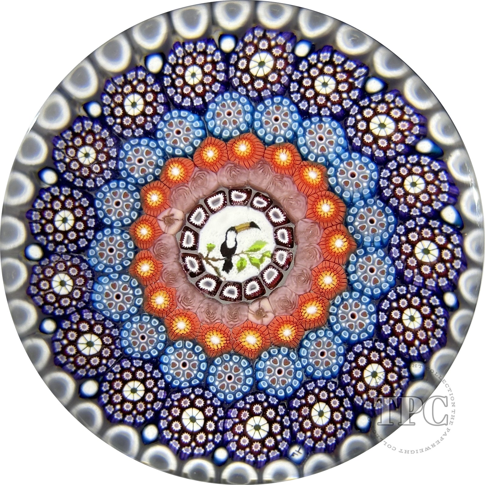 Michael Hunter 2023 Glass Art Paperweight Concentric Complex Millefiori with Roses & Central Toucan Murrine