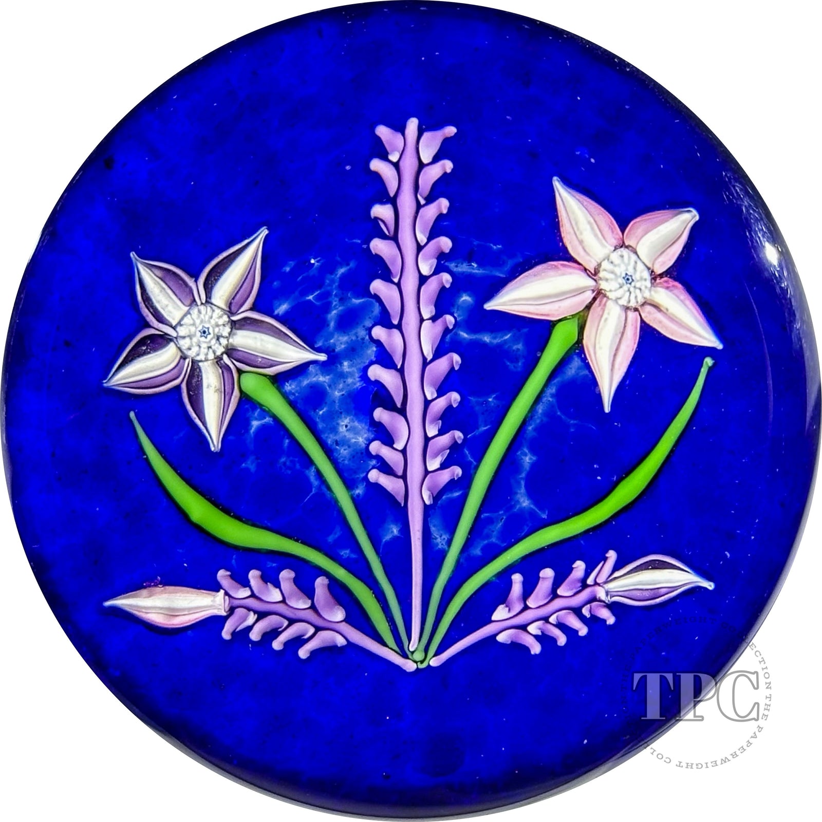 John Deacons 2002 Glass Art Paperweight Flamework Flower Bouquet on Blue