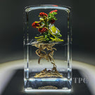 Paul Stankard Glass Art Paperweight Flamework Bontanical Sculptural Block Red Raspberries with White Blossoms and Root People