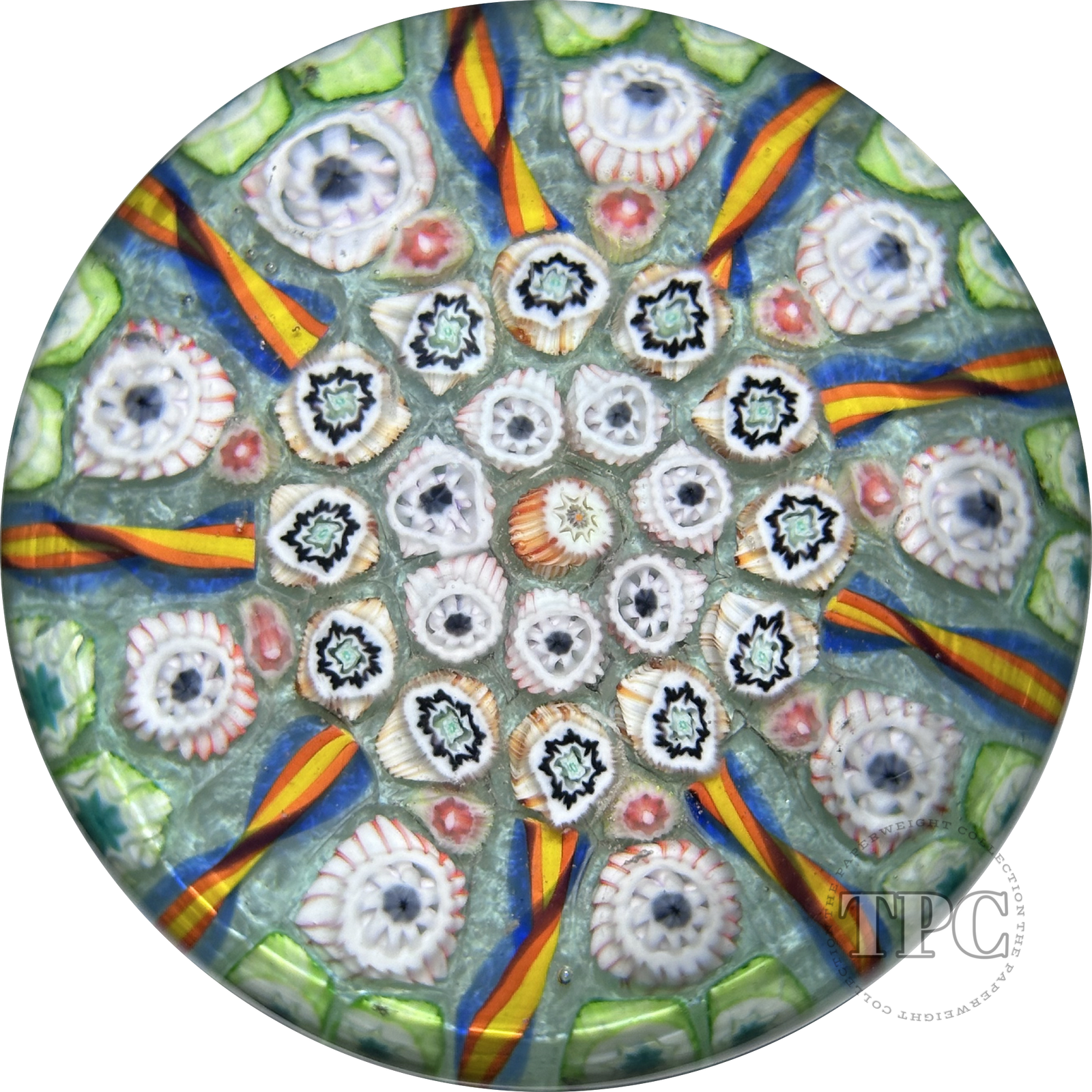 Vintage Vasart Glass Art Paperweight with Radial Millefiori & Ribbon Twists on Blue