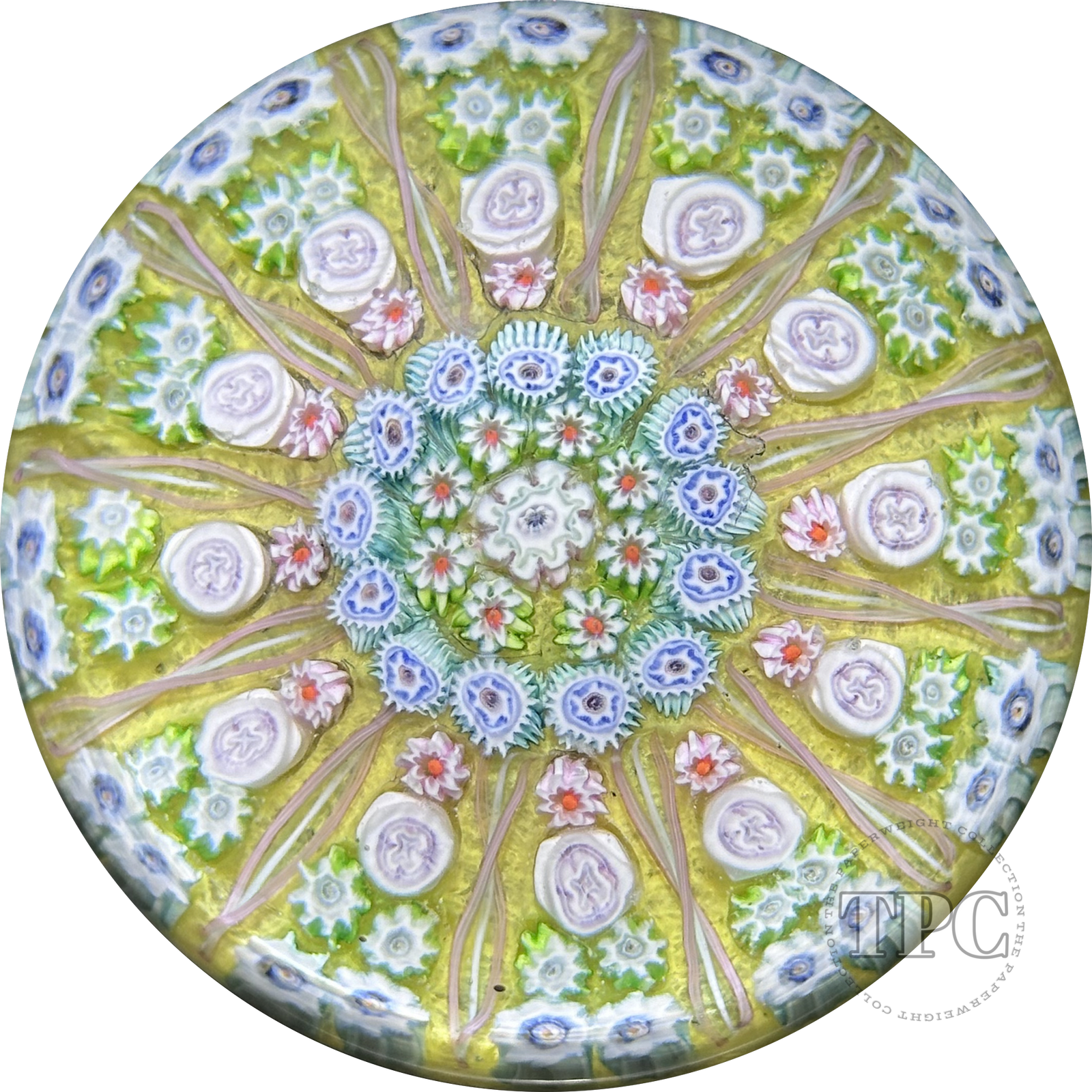 Early Perthshire Paperweights PP1 Radial Millefiori & Ribbon Twists on Yellow