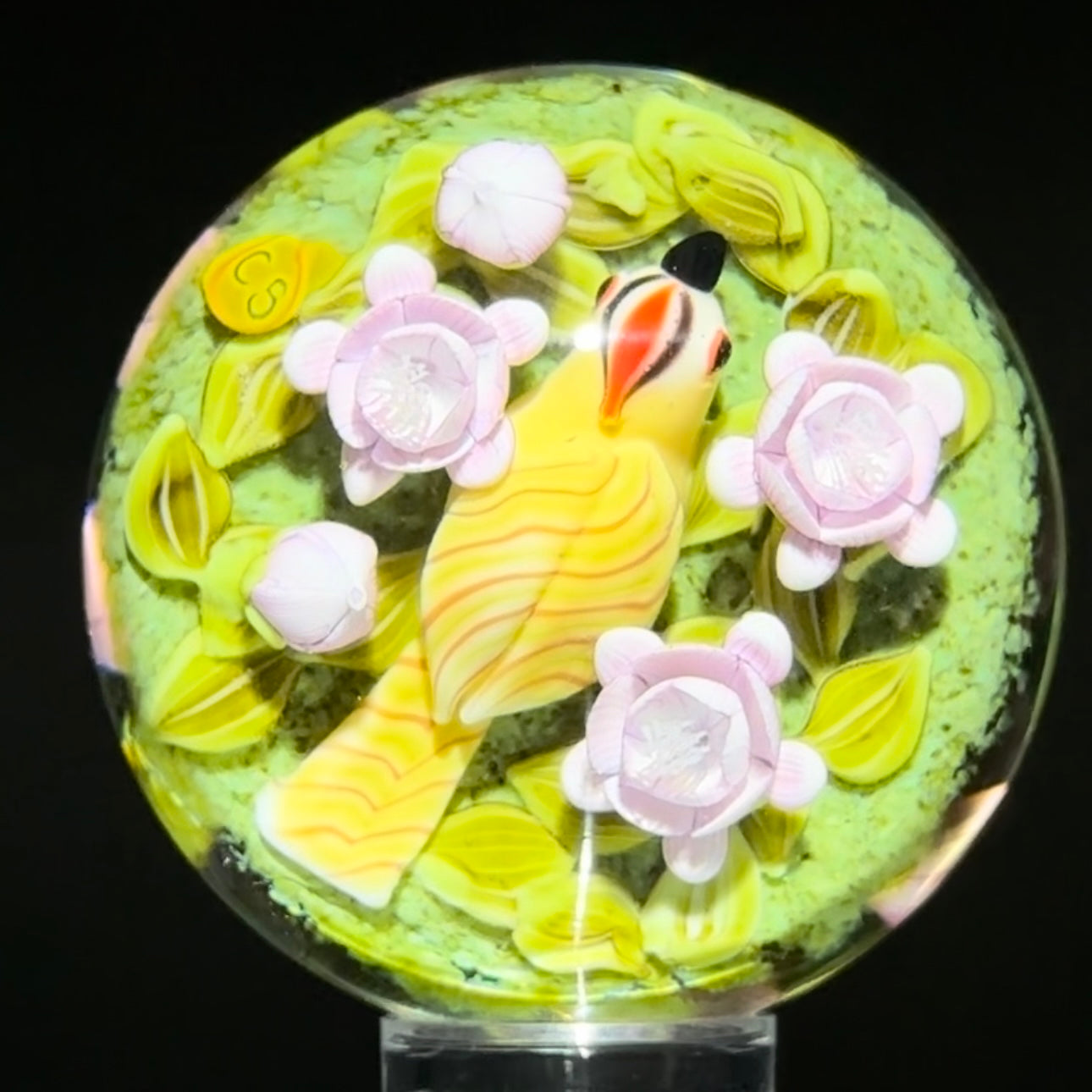 Clinton Smith 2023 Glass Art Marble Double Sided Flamework Resting Bird & Floral Nature Scene