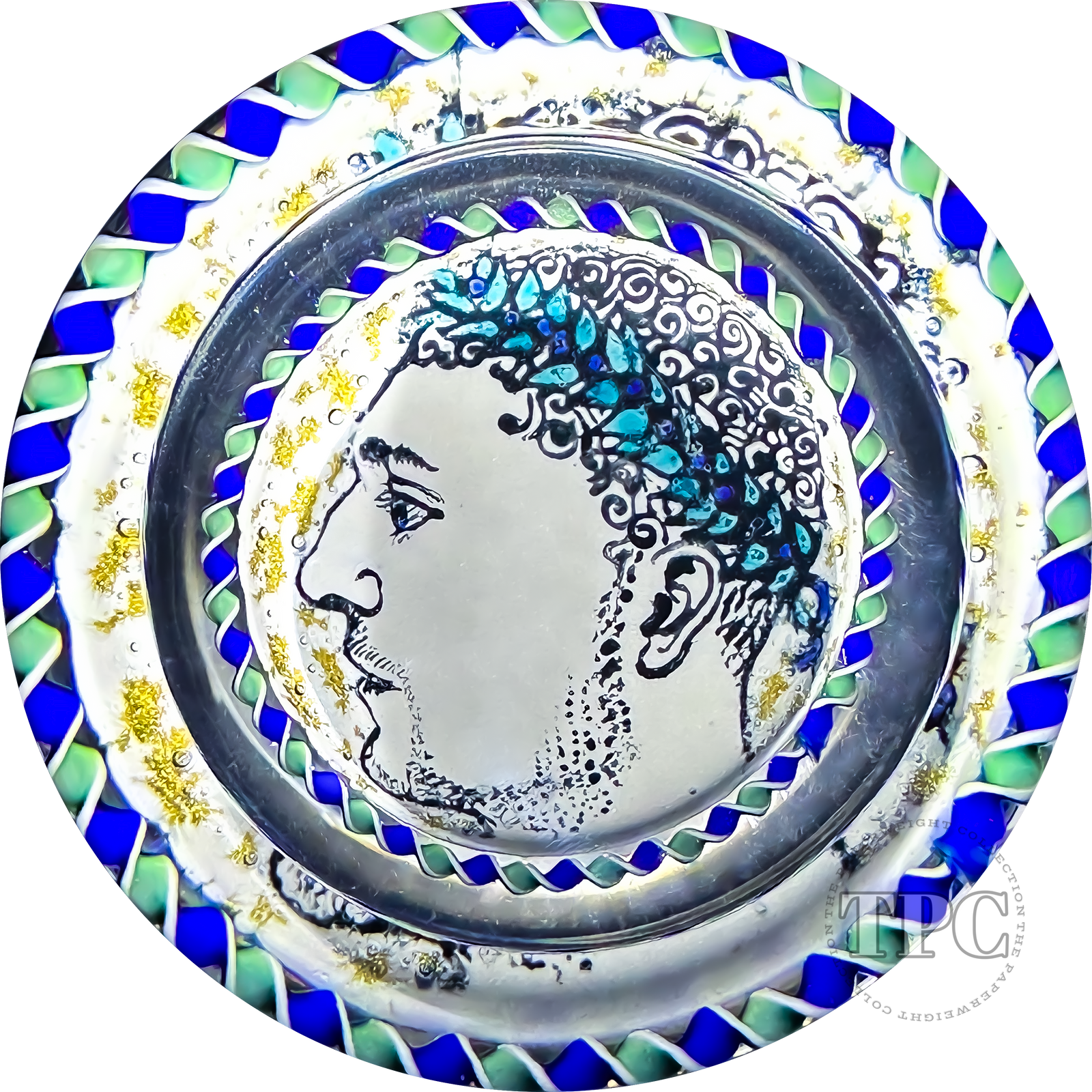 Richard Loesel x Renaud De Putter 2024 Glass Art Paperweight Hand-Painted Alexander the Great with Blue Ribbon Torsade