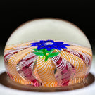 Signed Paul Ysart Glass Art Paperweight Flamework Aventurine and Blue Petaled Clematis on a Colorful Filigree Crown Cushion