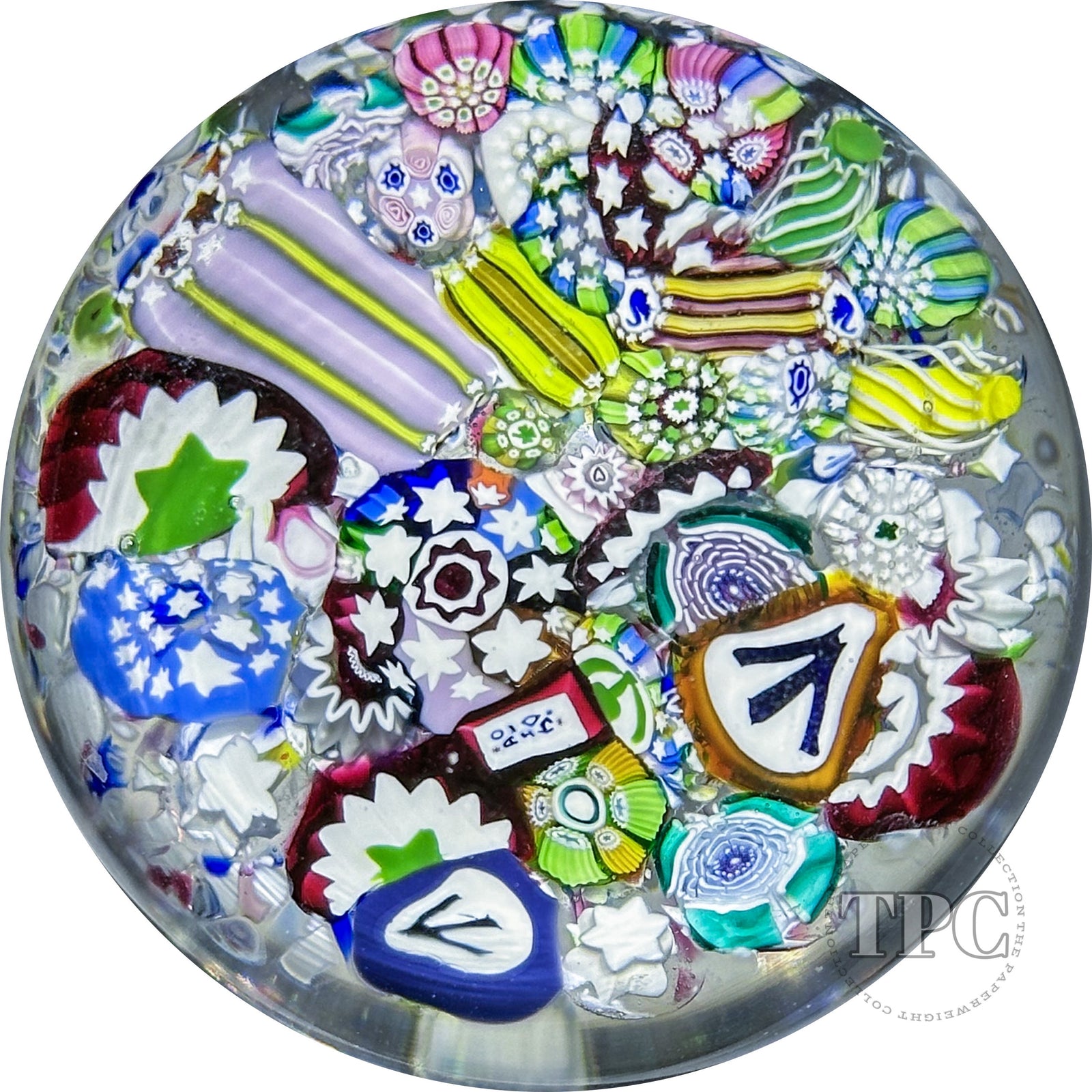 John Deacons 2010 Glass Art Paperweight Complex Millefiori Scramble with Roses