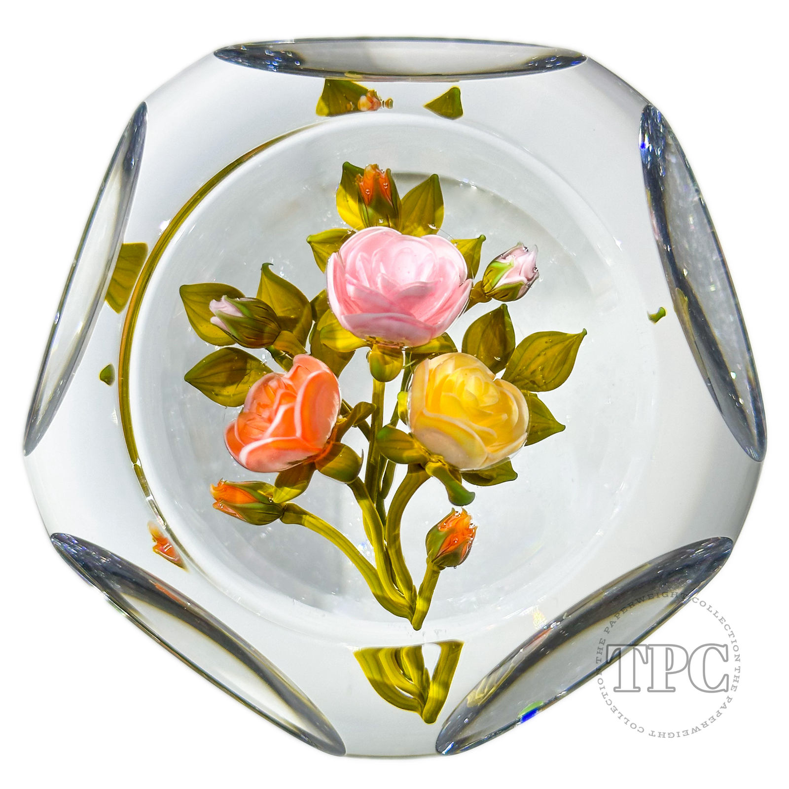Gordon Smith 2023 Faceted Glass Art Paperweight Flamework Multicolored Rose Bouquet