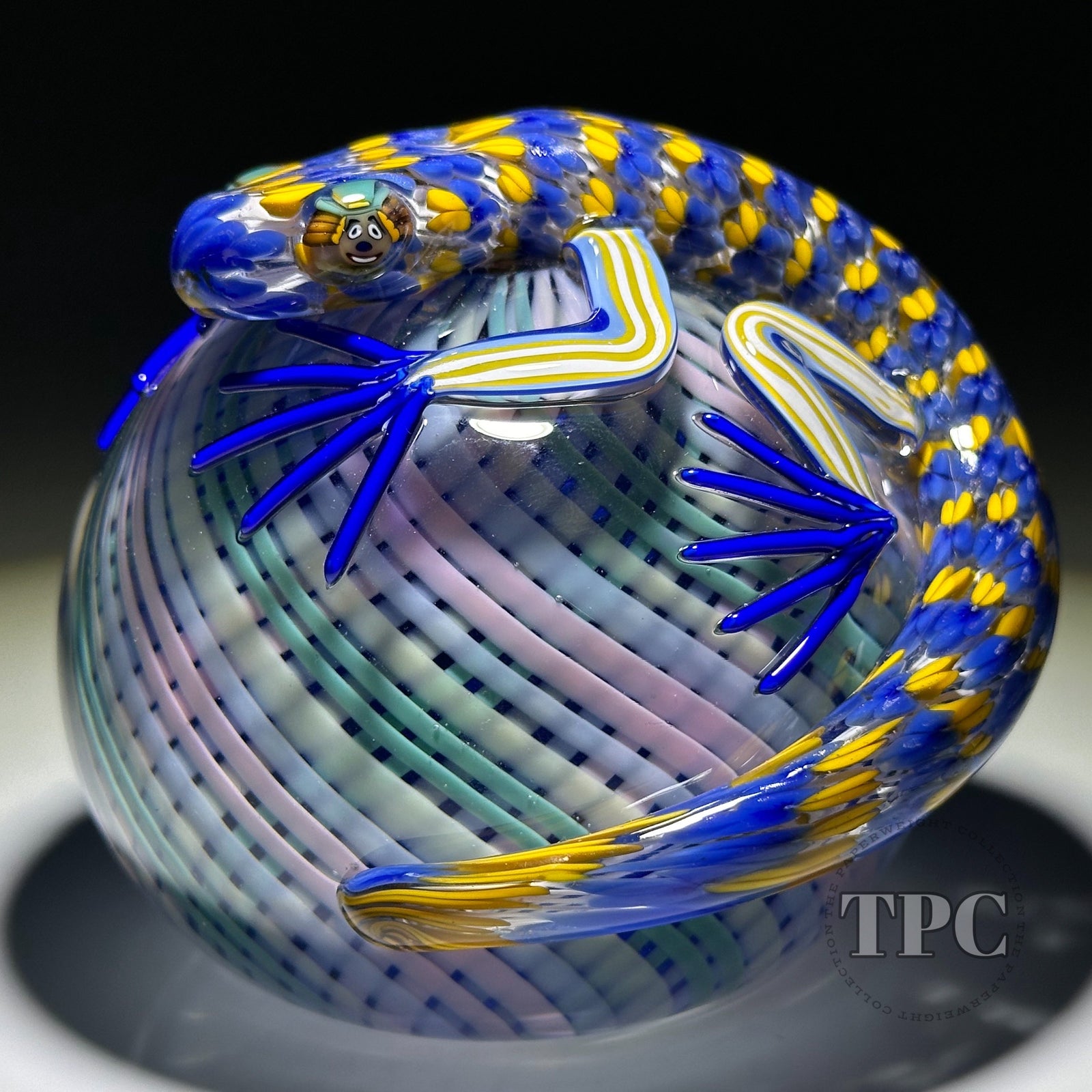 Michael Hunter 2023 Glass Art Paperweight Pansy Clad Lizard on Pastel Reticello Crown
