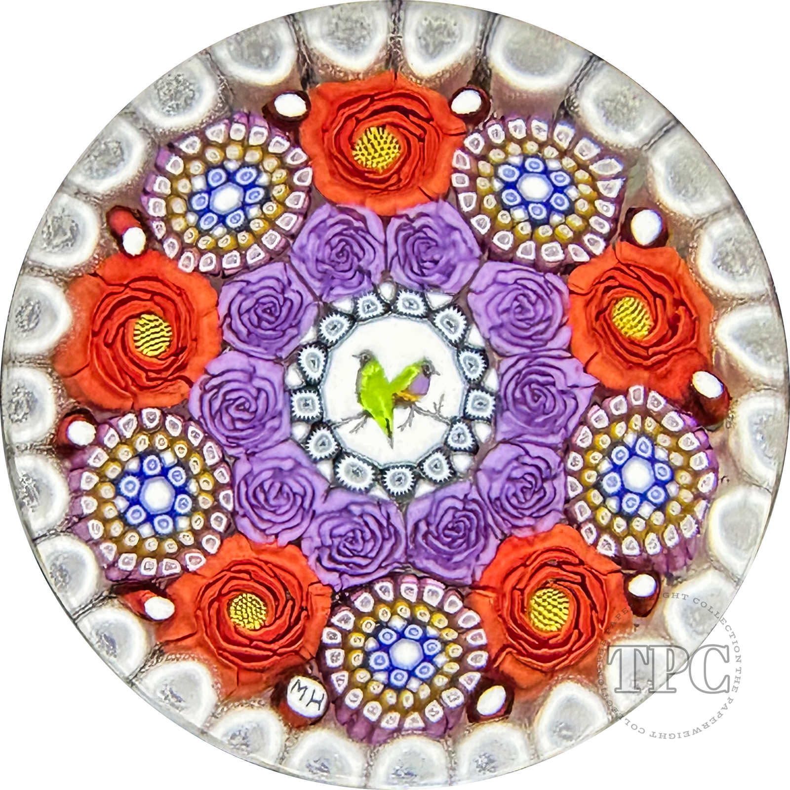 Miniature Michael Hunter Twists Studio 2024 Glass Art Paperweight Concentric Millefiori with Gouldian Finch Murrine