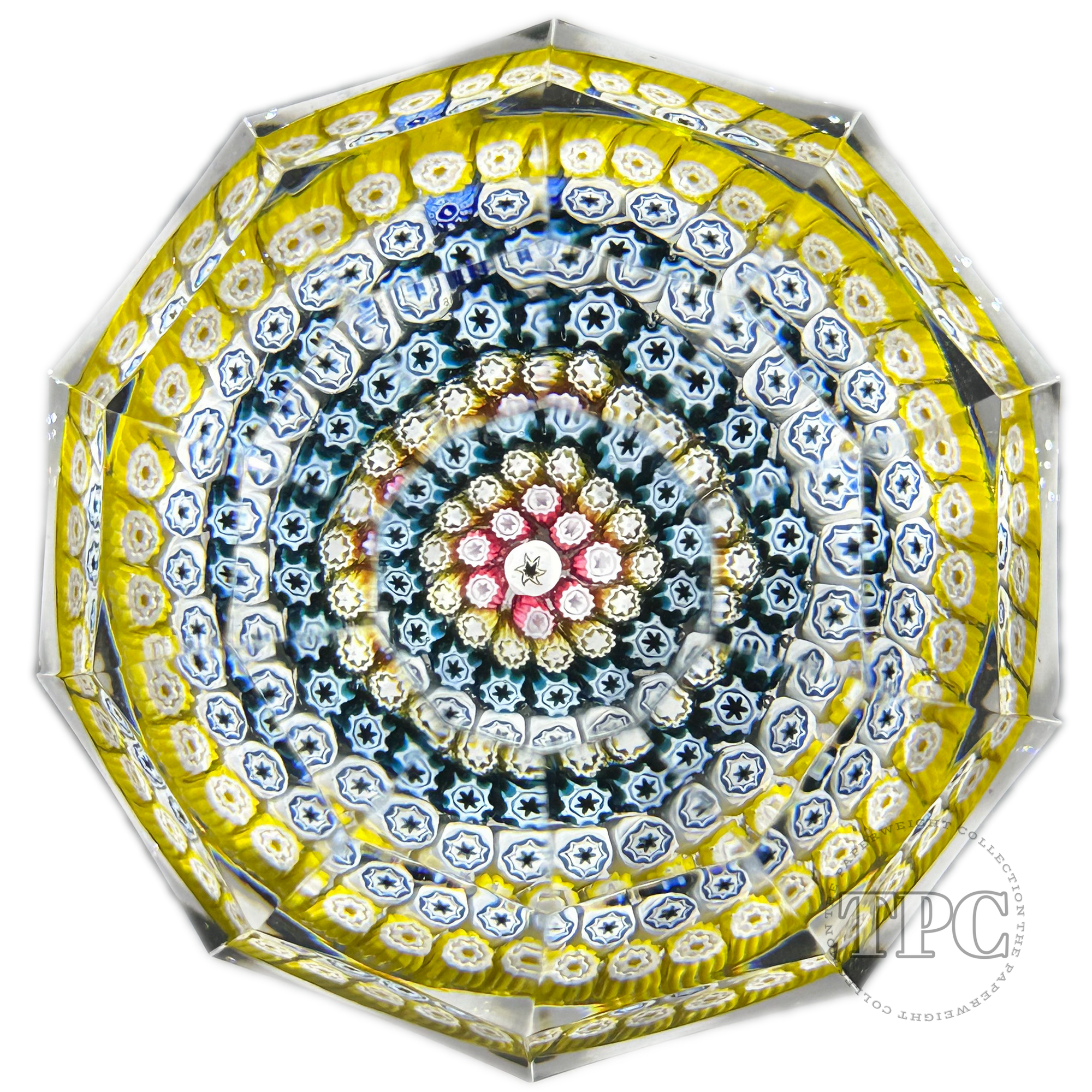 Whitefriars 1976 Brick Faceted Glass Art Paperweight with Colorful Concentric Millefiori