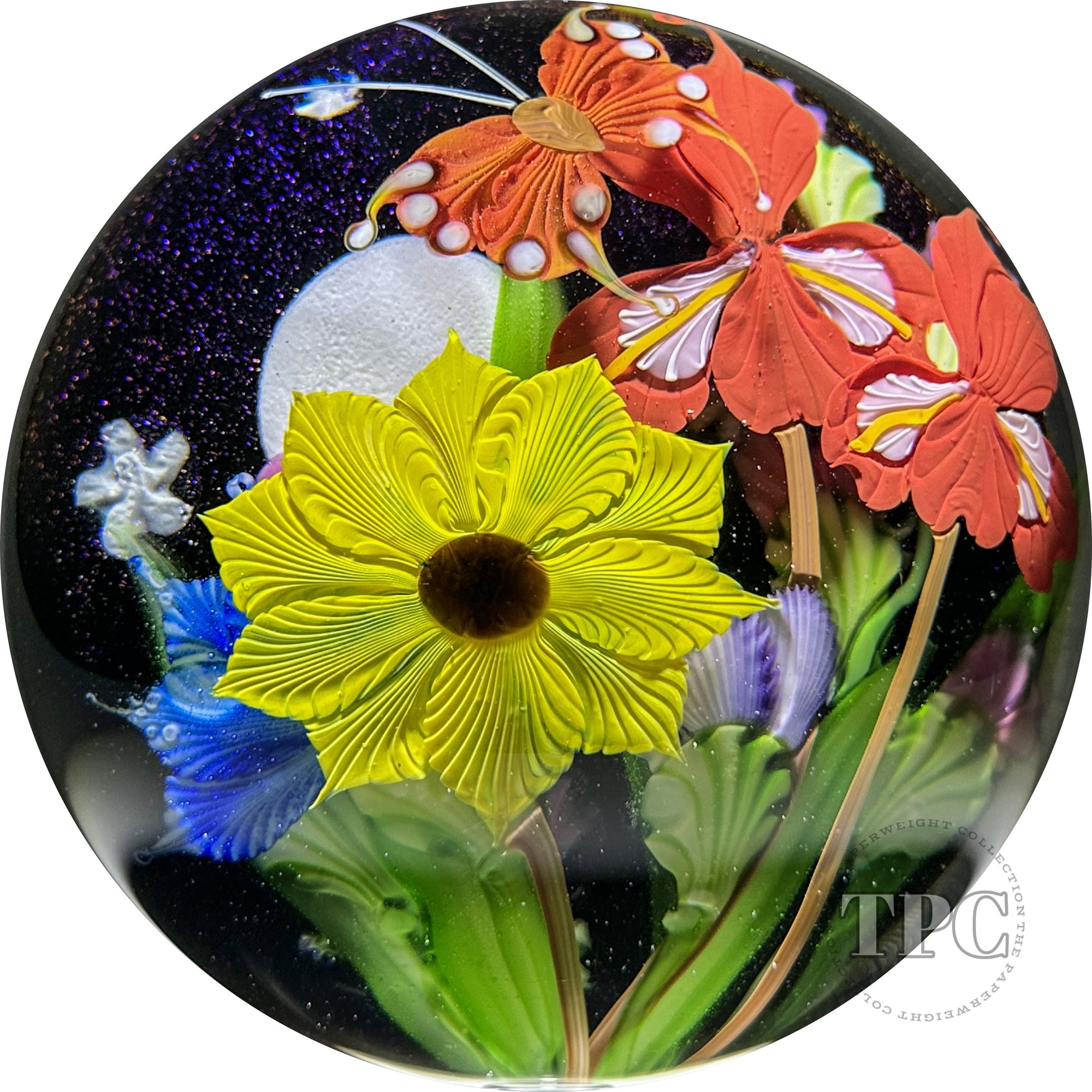 Mayauel Ward 2022 Glass Art Sculpture Compound Torchwork Flower Bouquet Against Moonlit Night Sky