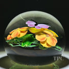 Daniel Salazar Lundberg Studios 1994 Glass Art Paperweight Torchwork Pink Butterfly with Orange Flowers