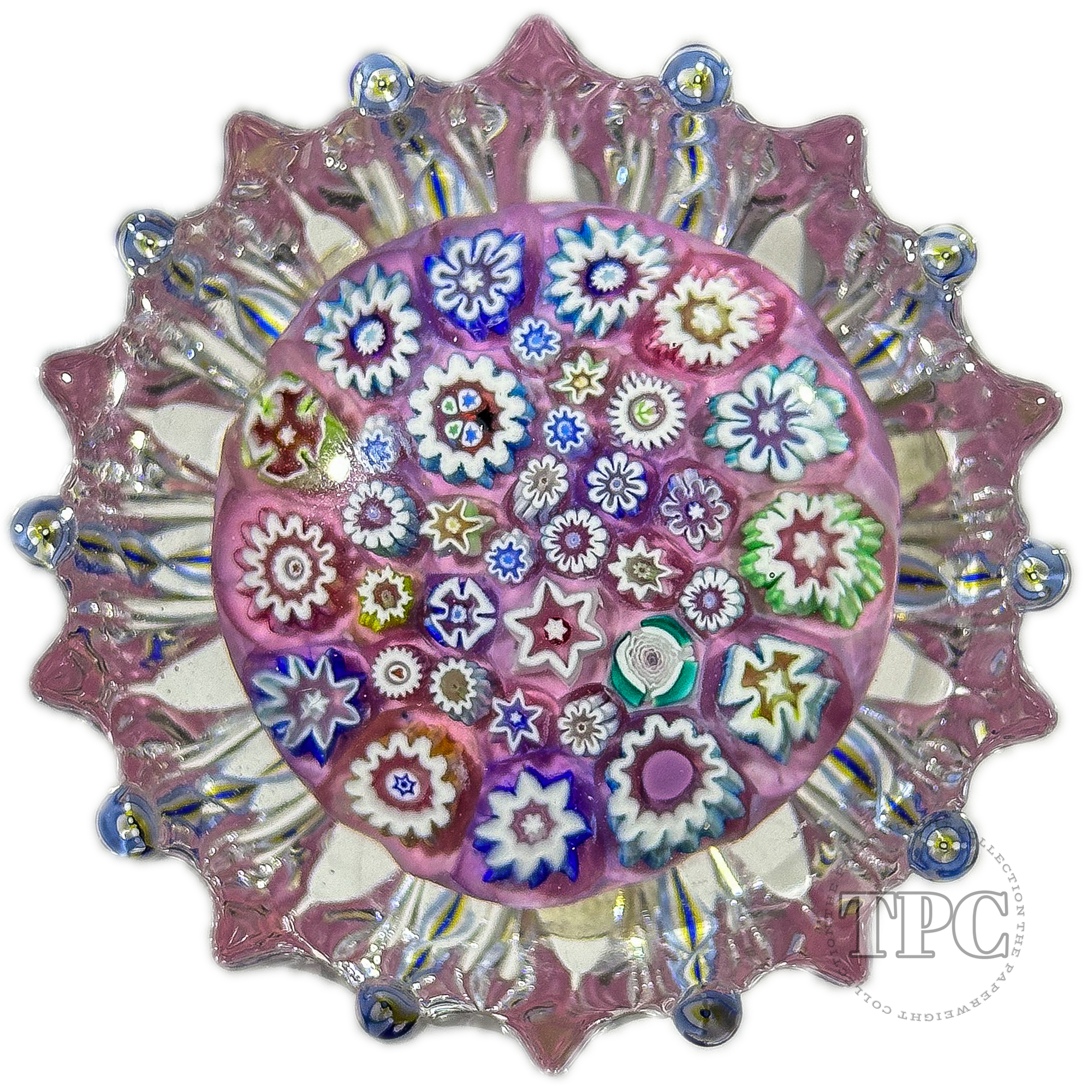 John Deacons Glass Art Paperweight Complex Millefiori Closepack on Lilac Ground