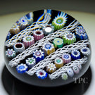 John Deacons Glass Art Paperweight Millefiori and Parallel White Filigree Twists