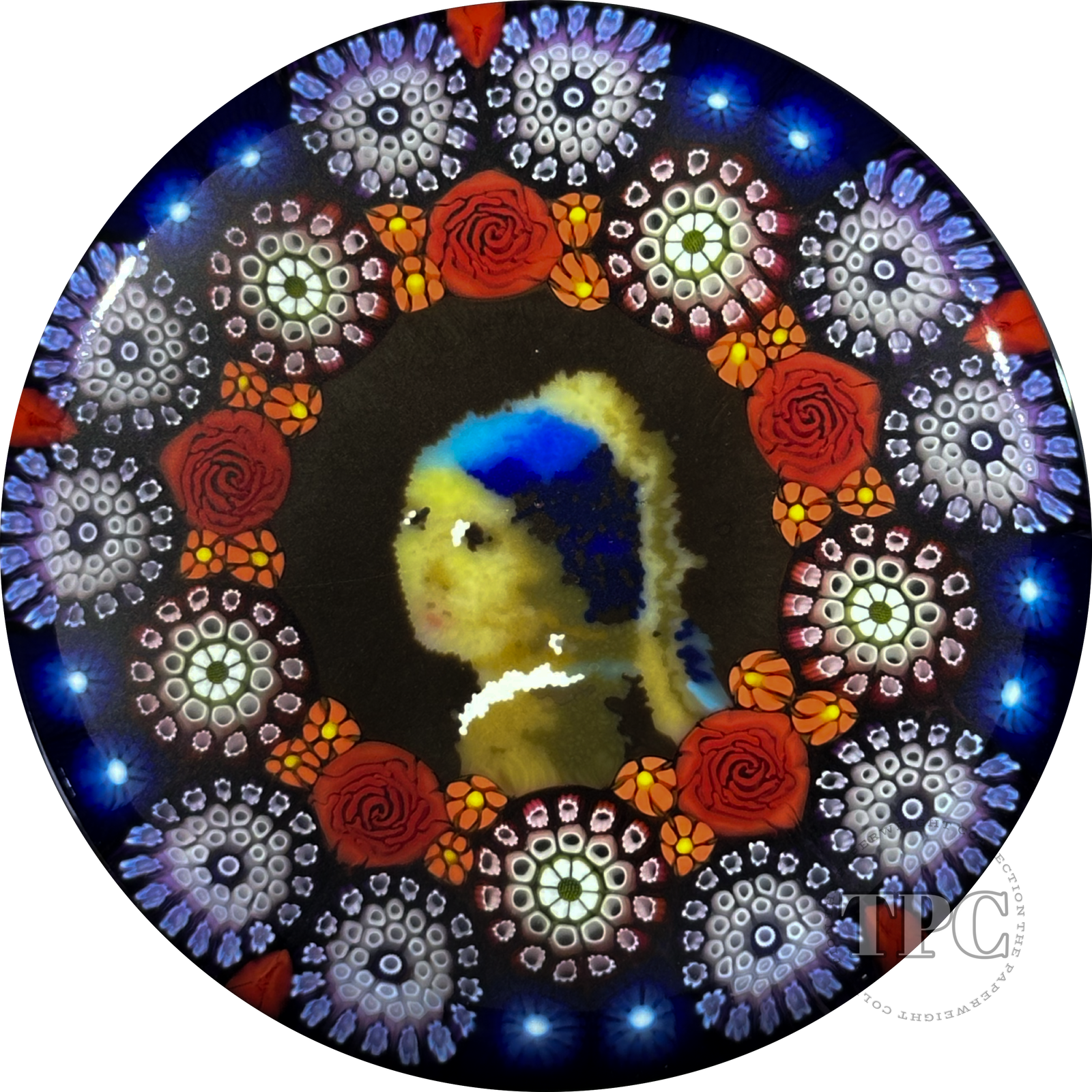 Michael Hunter 2024 Glass Art Paperweight Cylinder Closepack Complex Millefiori Girl w/ Pearl Earring Murrine
