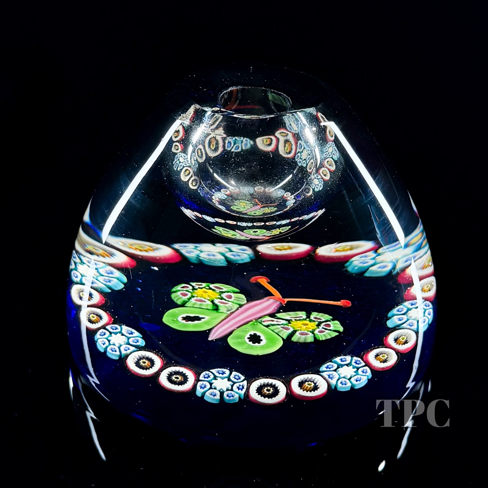 Paul Ysart Glass Art Paperweight Bottle Millefiori Butterfly on Blue (Damaged)