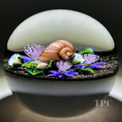Ken Rosenfeld 2021 Glass Art Paperweight Flamework Snail with Purple Flowers and Clichy Roses