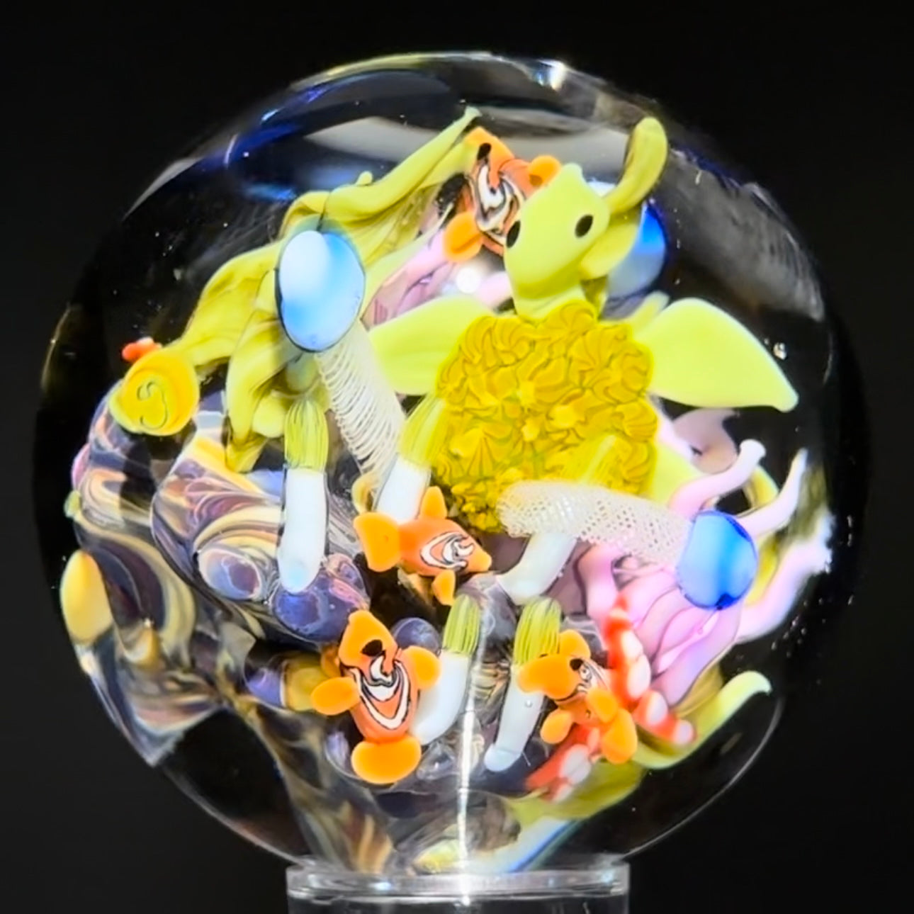 Clinton Smith 2023 Glass Art Marble Double Sided Flamework 360° Coral Reef Design with Sea Turtle