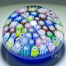 Peter McDougall Miniature Glass Art Paperweight Colorful Closepack Millefiori on Blue