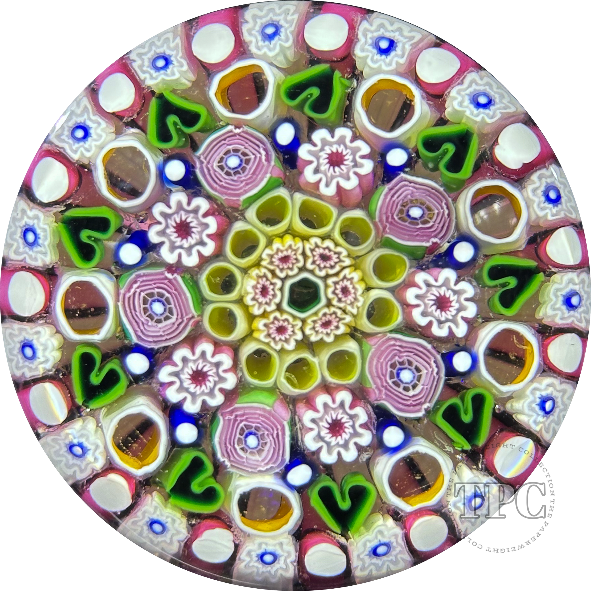 Damon MacNaught 2024 Glass Art Paperweight Concentric Complex Millefiori w/ Roses & Green Hearts