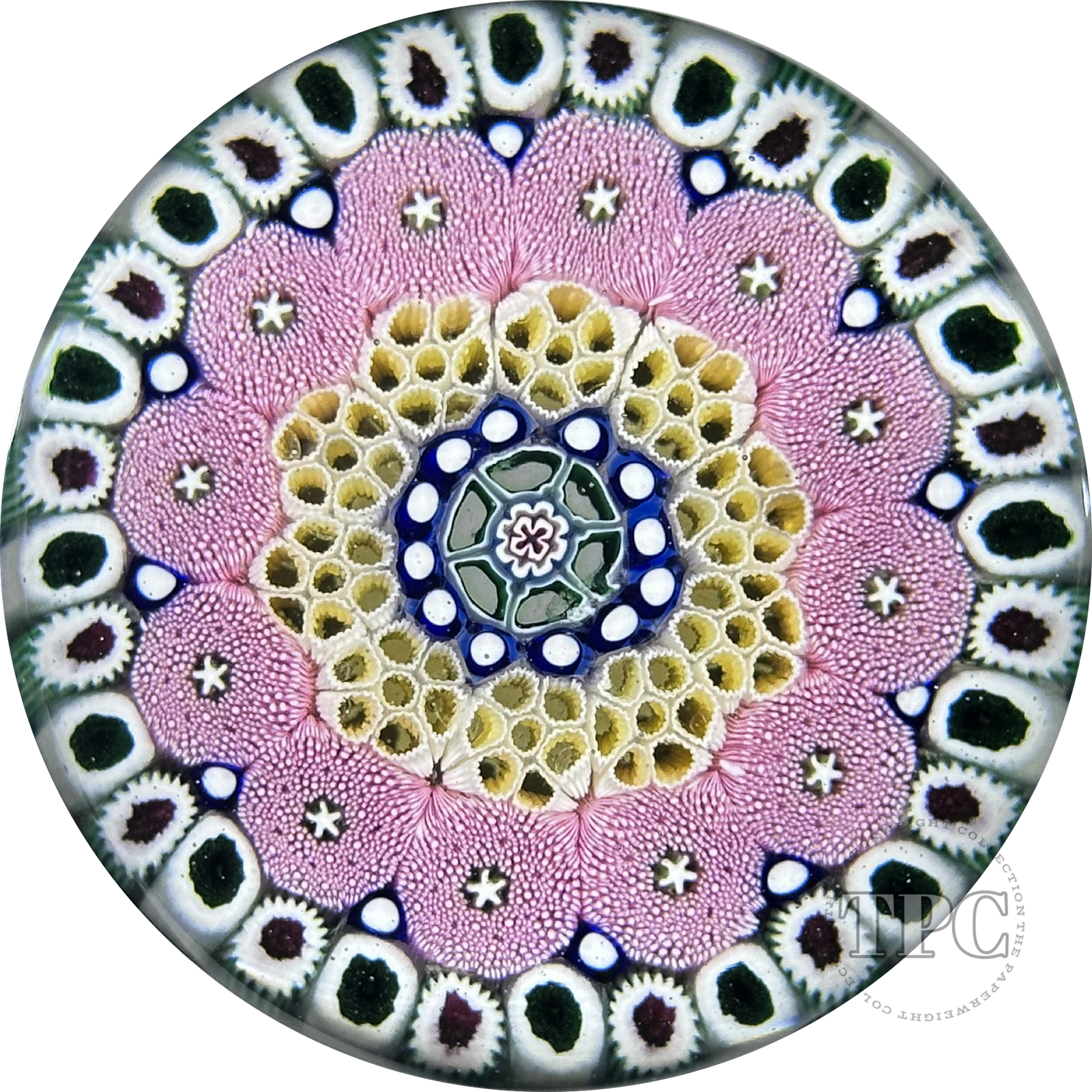 Damon MacNaught 2025 Glass Art Paperweight Concentric Complex Millefiori w/ Pink Moss Canes and Honeycomb