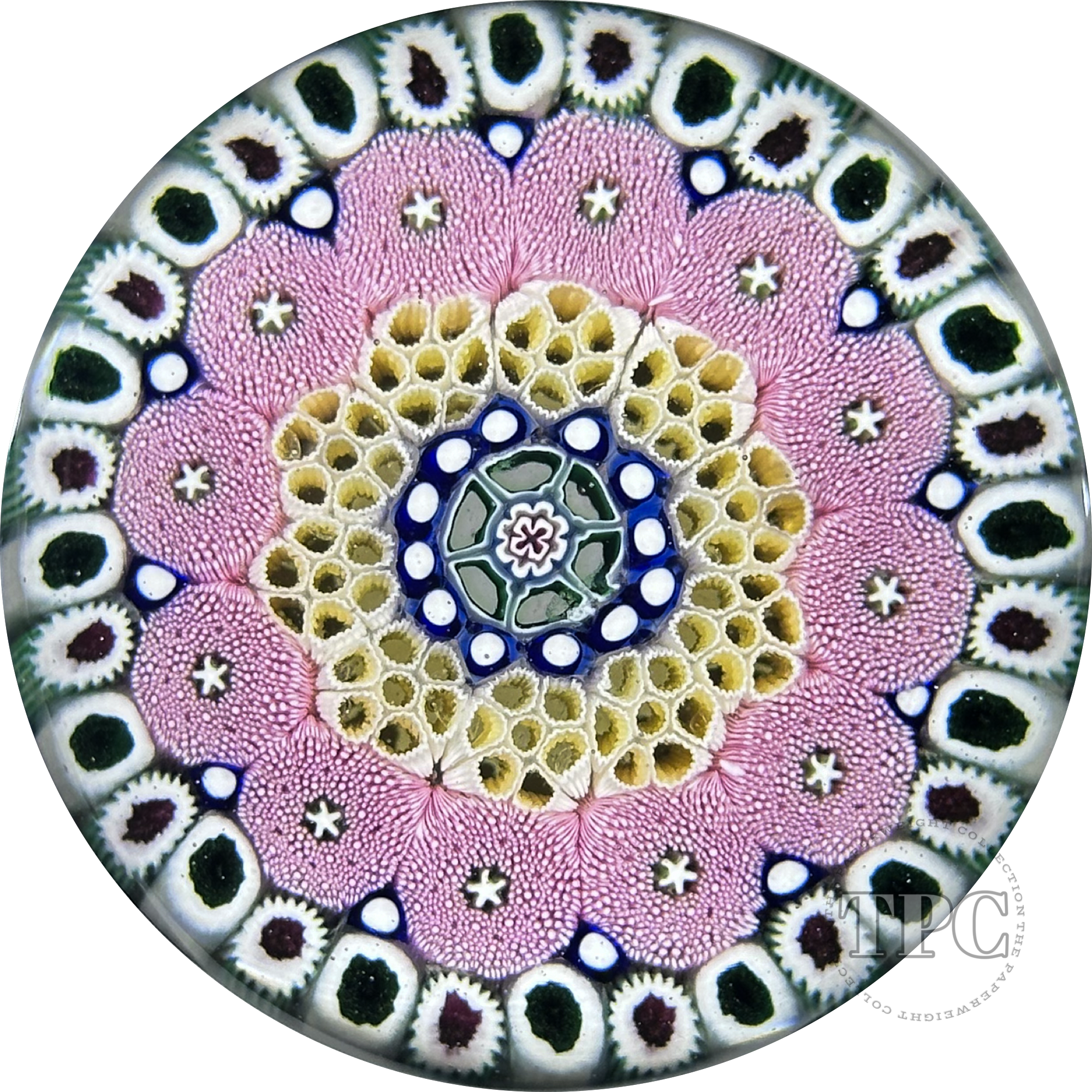 Damon MacNaught 2025 Glass Art Paperweight Concentric Complex Millefiori w/ Pink Moss Canes and Honeycomb