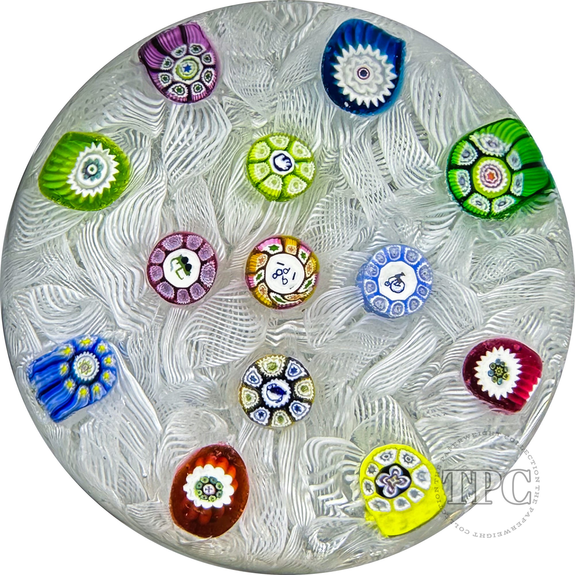 Perthshire 1981 Glass Art Paperweight Spaced Complex Millefiori on Upset White Muslin Ground PP11
