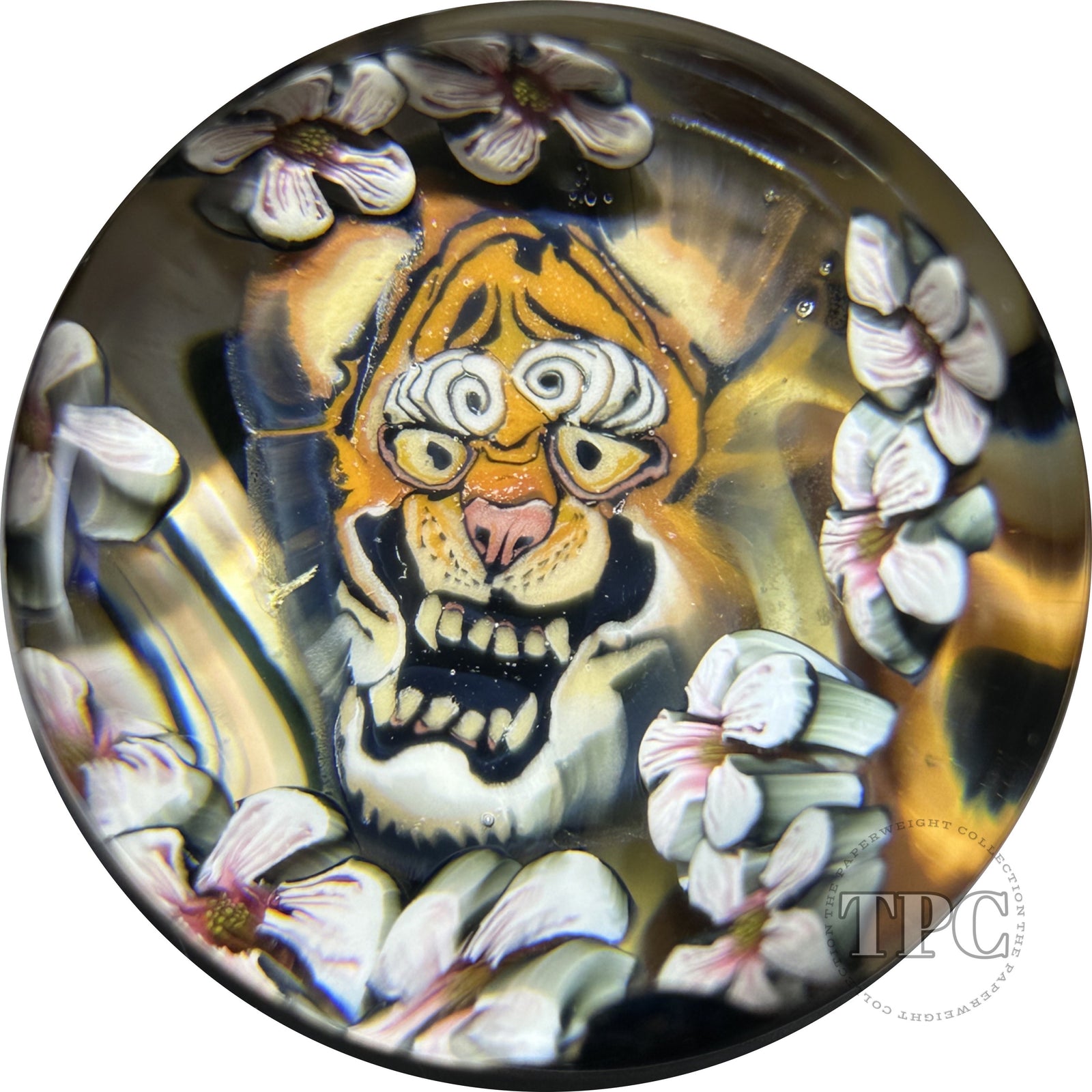 Stephen Boehme 2023 Glass Art Marble Figural Murrine Mahakal Tiger with Cherry Blossoms
