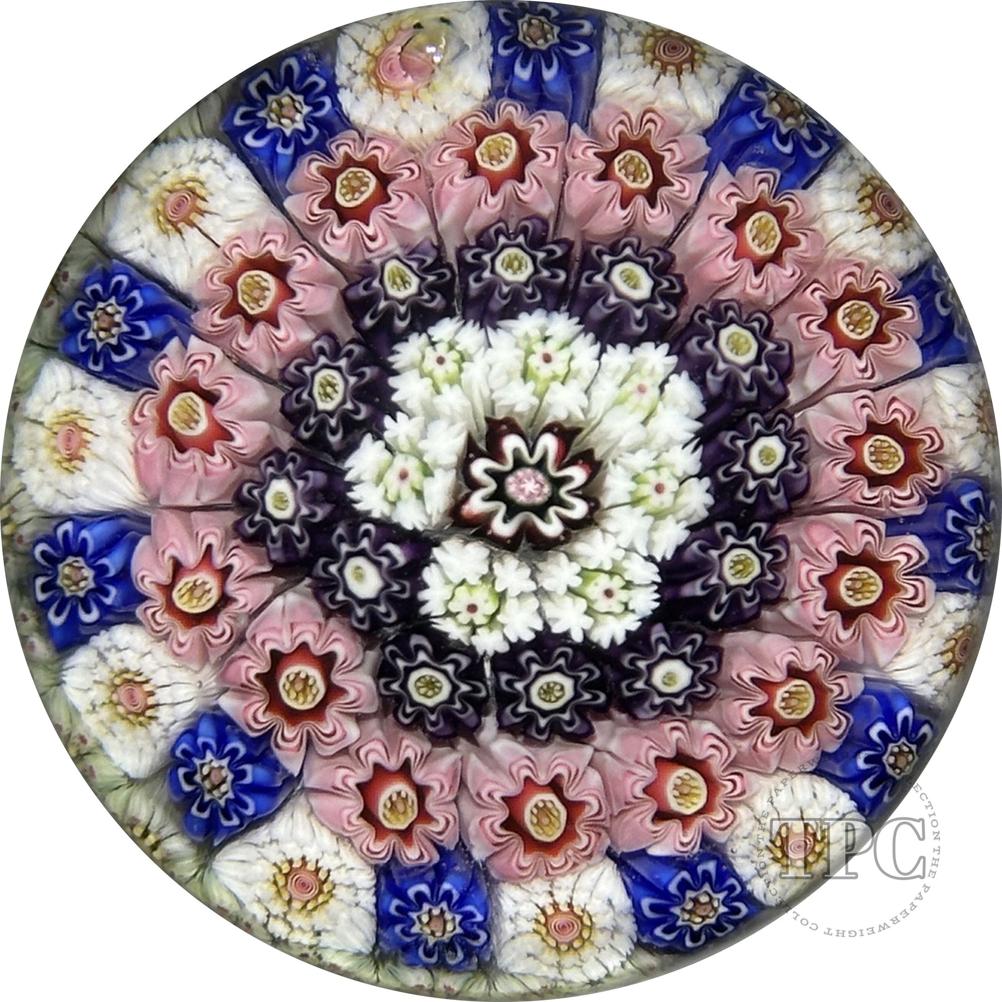 Antique Clichy Miniature Glass Paperweight Close Concentric Complex Millefiori with Blue & White Staves