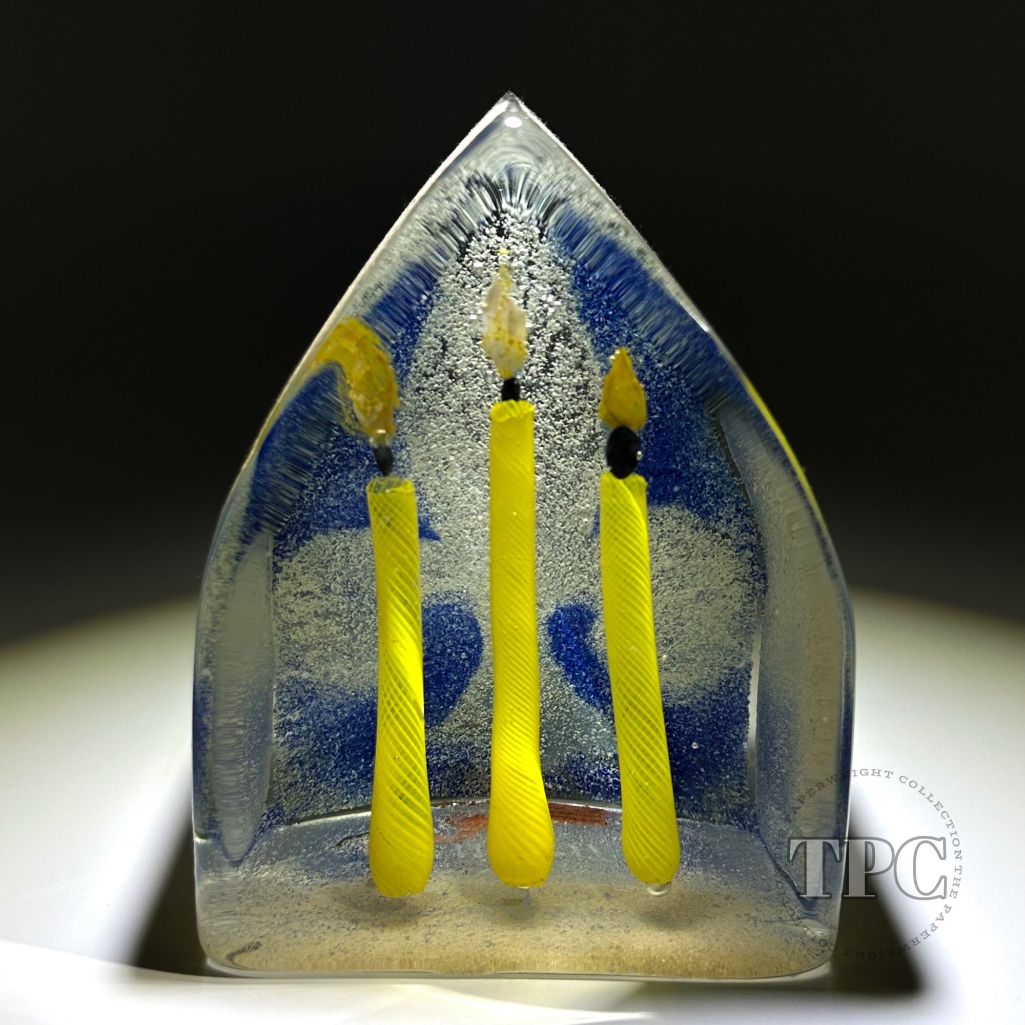 Stephanie Trenchard Encased Sand Cast Glass Art Sculpture Scouts Three Yellow Candles Against Flor-de-lis