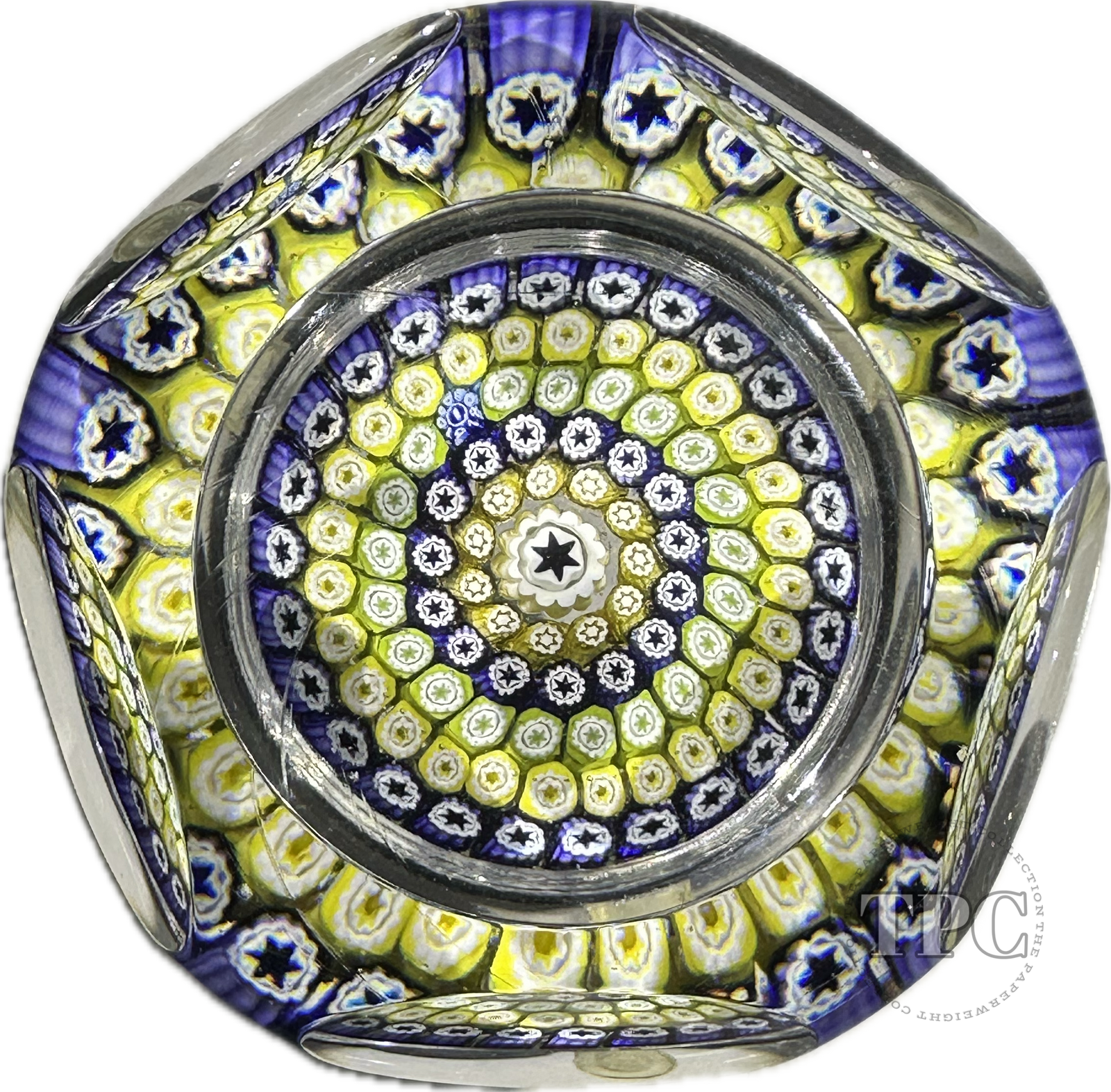 Whitefriars 1978 Faceted Glass Art Paperweight with Colorful Concentric Millefiori