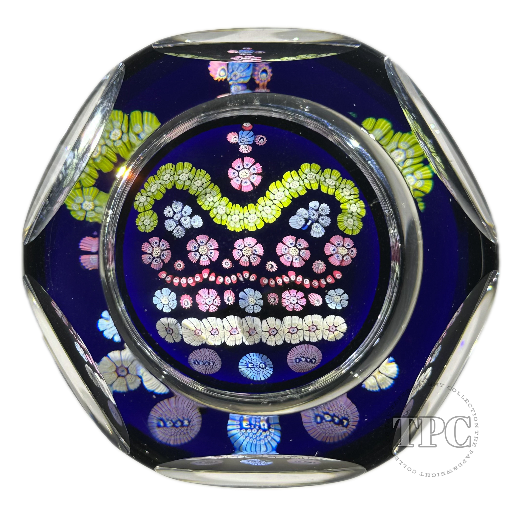 Whitefriars 1977 Glass Art Paperweight Queen's Silver Jubilee Patterned Complex Millefiori on Blue
