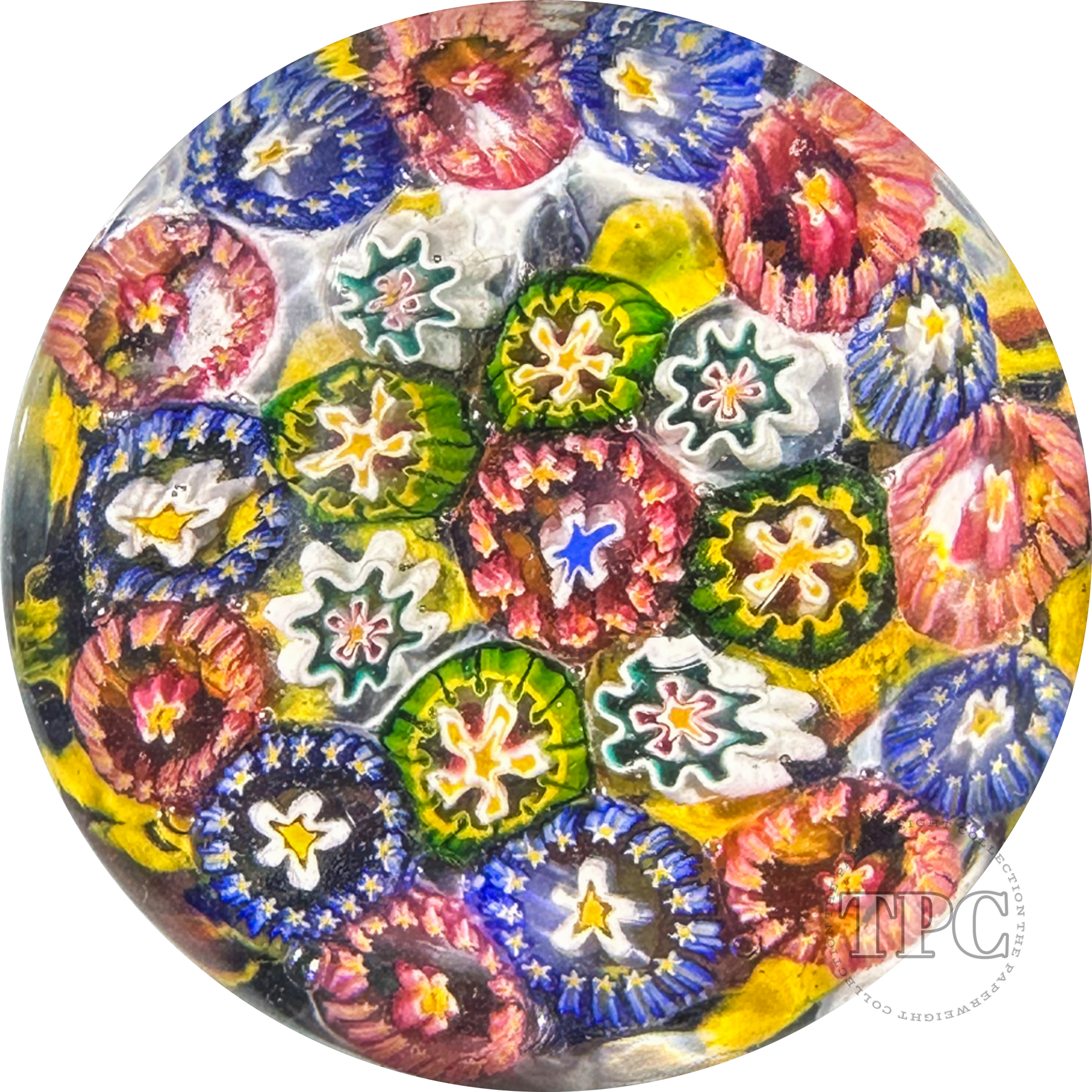 Antique Thuringian Glass Art Paperweight Concentric Complex Millefiori On Colorful Frit