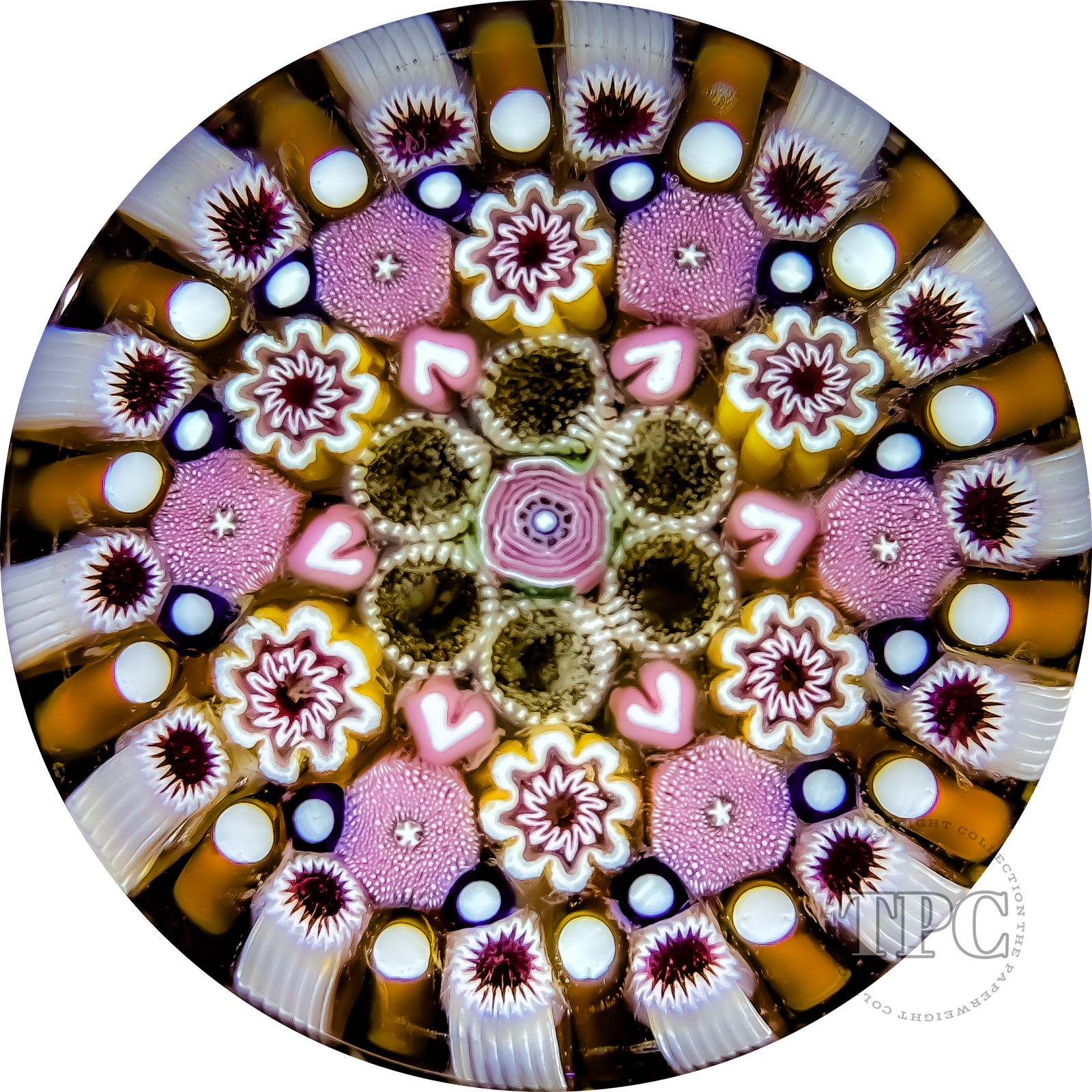 Damon MacNaught 2024 Glass Art Paperweight Concentric Complex Millefiori w/ Pink Hearts