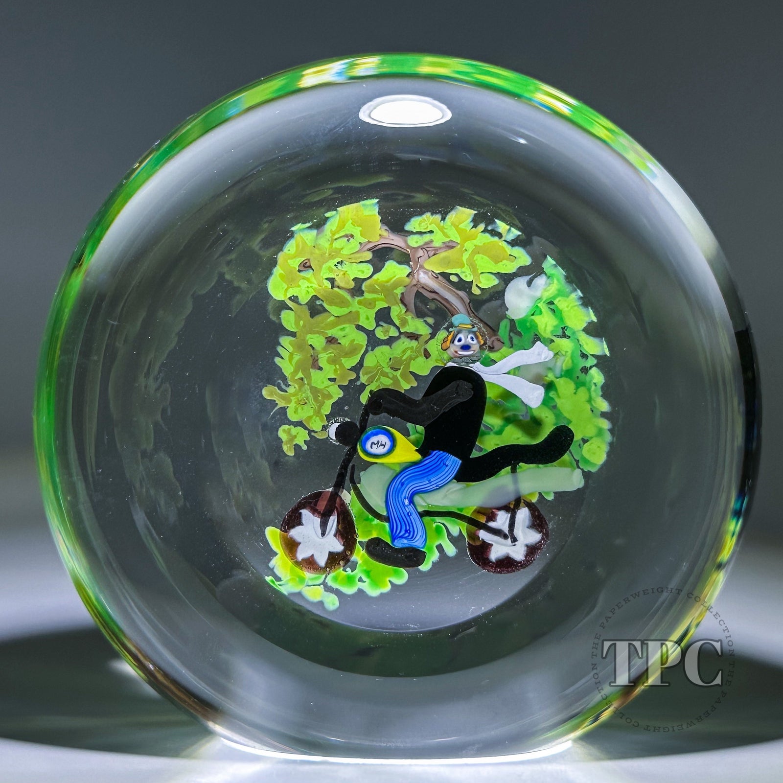 Early Michael Hunter Glass Art Paperweight Sculpture Daftie on Motorcycle