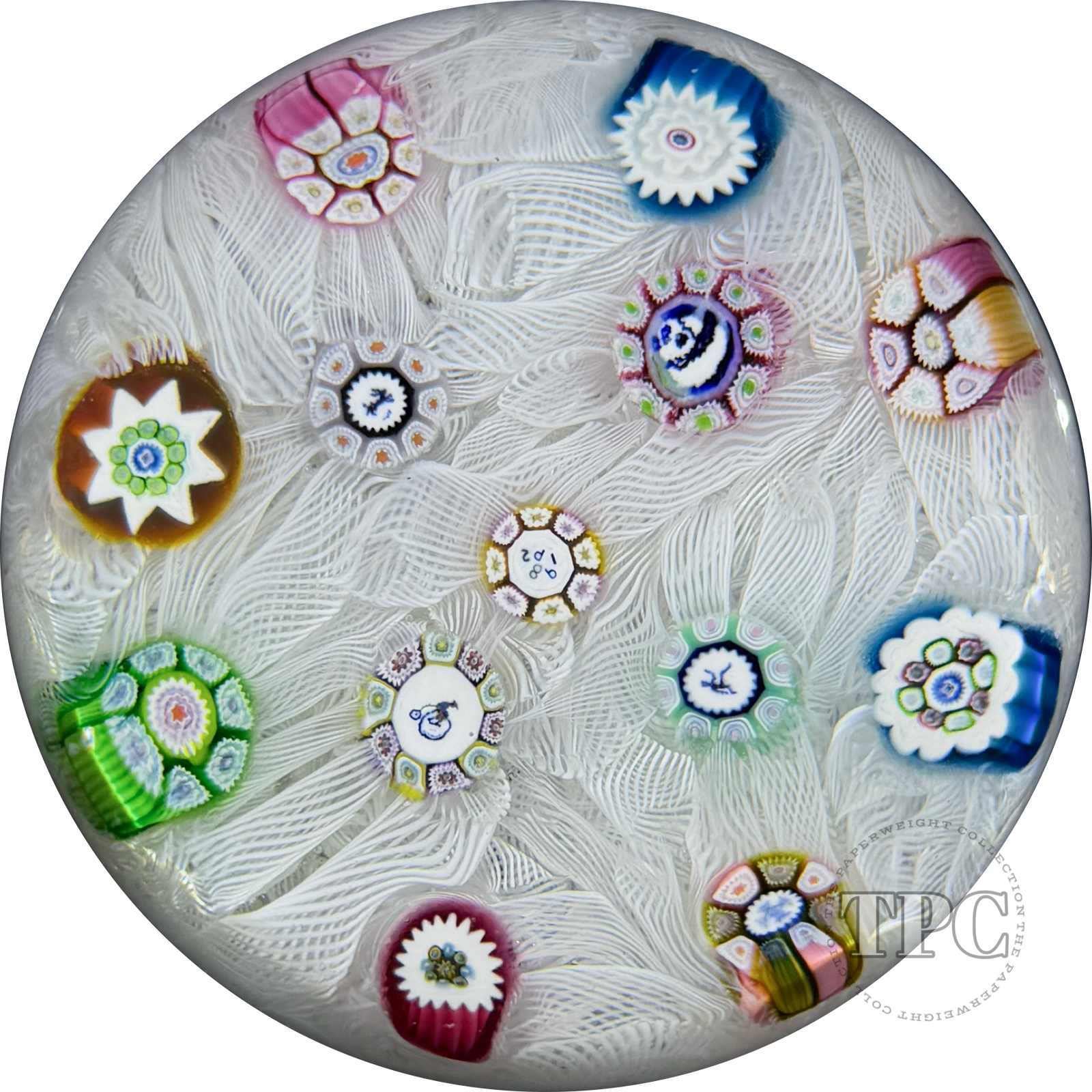 Perthshire 1982 Glass Art Paperweight Spaced Complex Millefiori on Upset White Muslin Lace Ground PP11