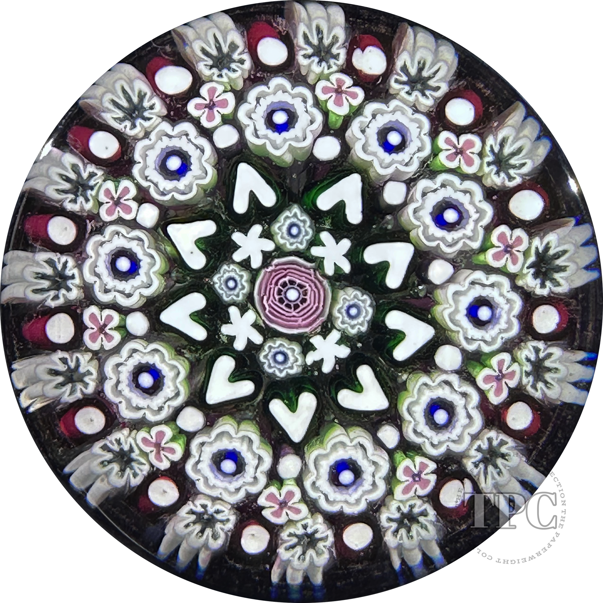 Damon MacNaught 2024 Glass Art Paperweight Concentric Complex Millefiori w/ Green Hearts