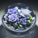 Super Magnum Rick Ayotte Double Sided Glass Art Paperweight Flamework Purple and White Rose Bouquet