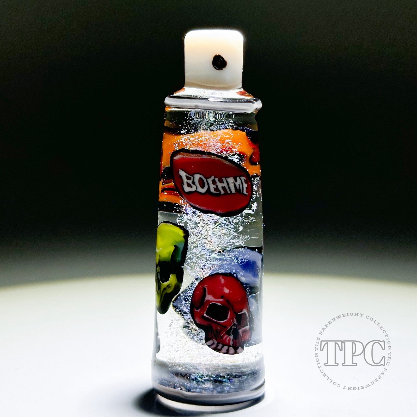 Stephen Boehme 2023 Glass Art Rainbow Skull Murrine Spray Can with Dichroic Core