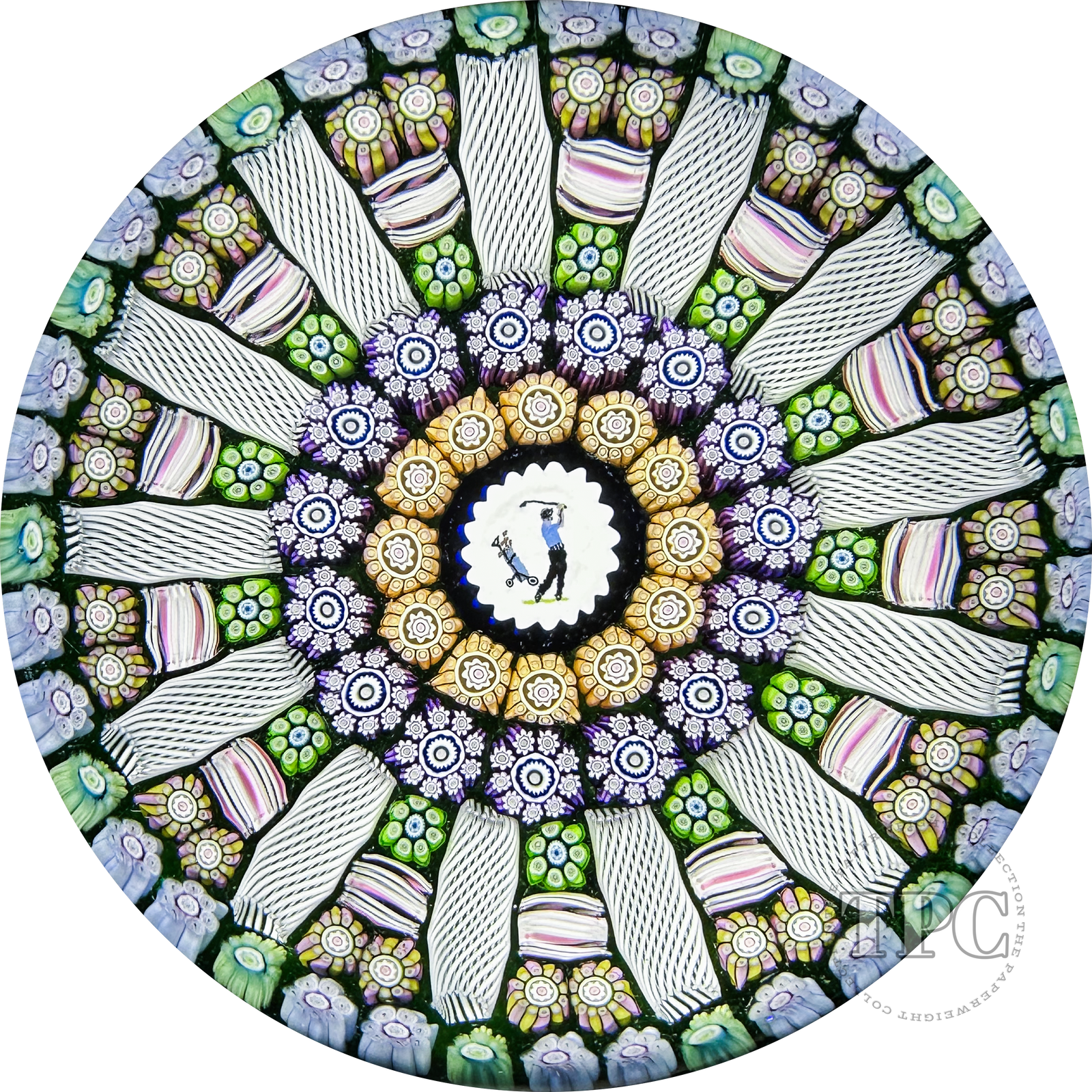 Perthshire Paperweights 1995 Glass Art Concentric Millefiori with Golfer Murrine Picture Cane
