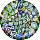 John Deacons Glass Art Paperweight Closepack Complex Millefiori with Silhouettes on Radial Green & White Cushion